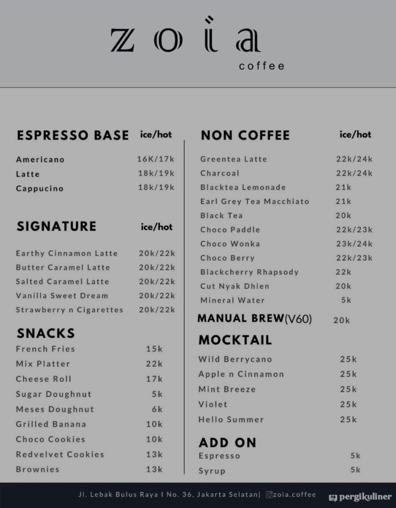 Zoia Menu